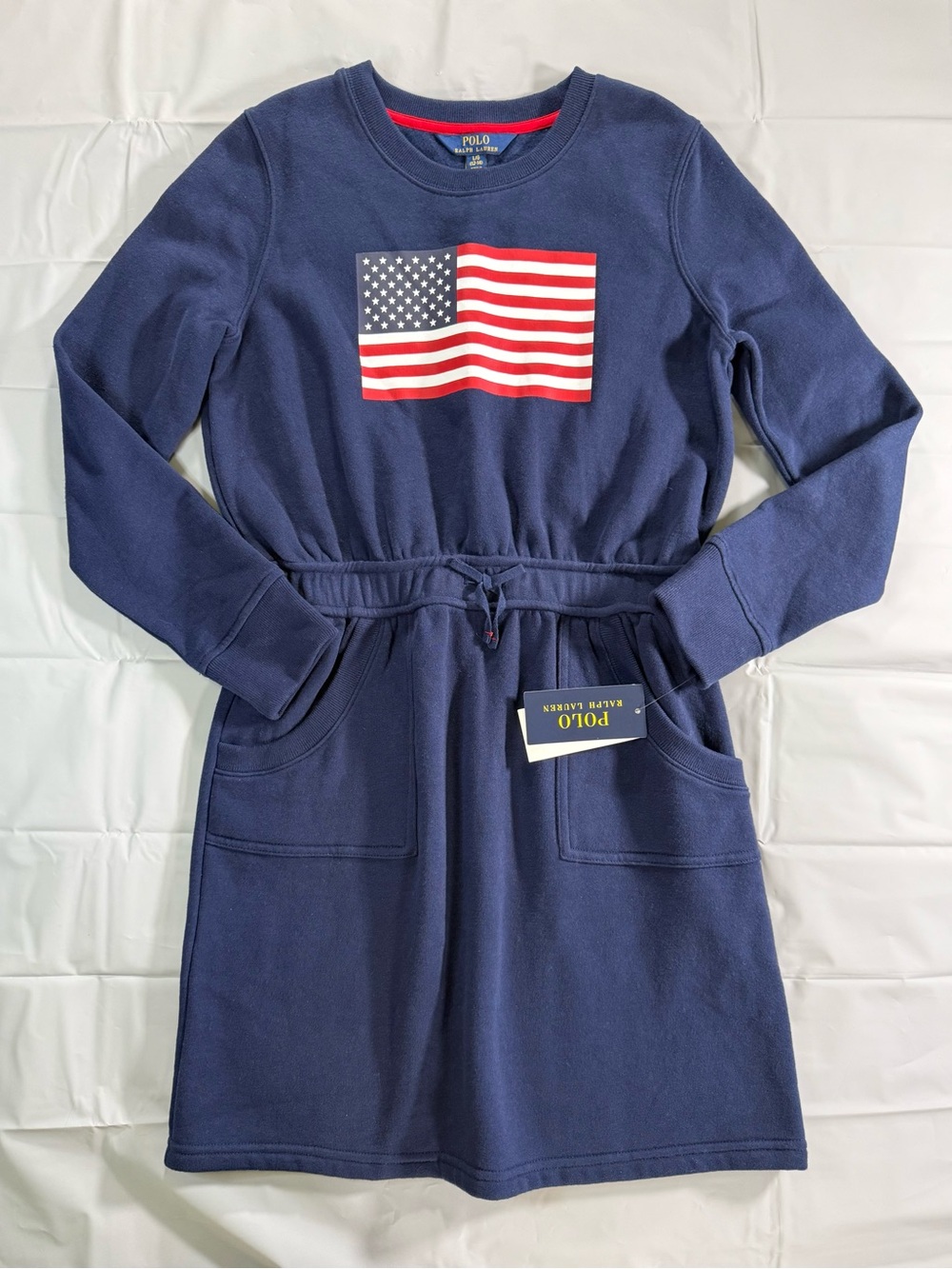 Girl’s Polo Ralph Lauren Navy American Flag Sweatshirt Dress Size 12-14 NEW/TAGS